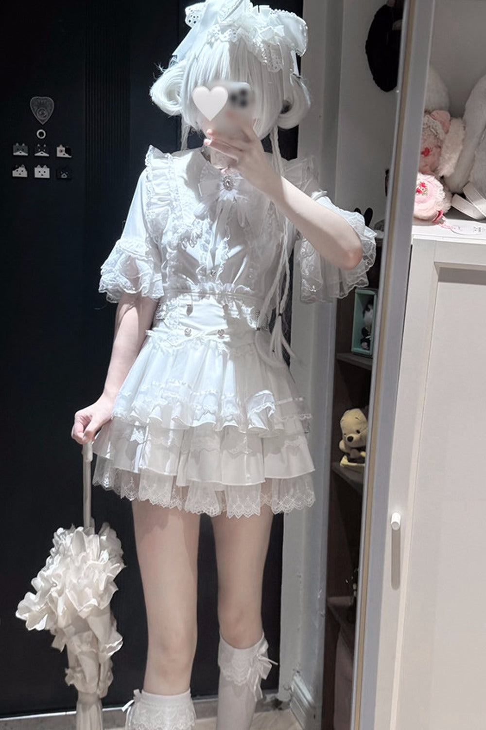 Cherry Short-Sleeved Lace Collar Shirt and Skirt Set-Up