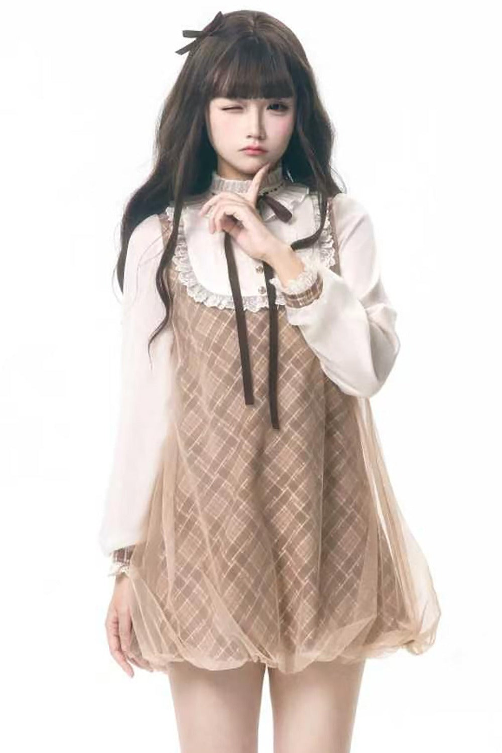 Brown Plaid Puff Dress