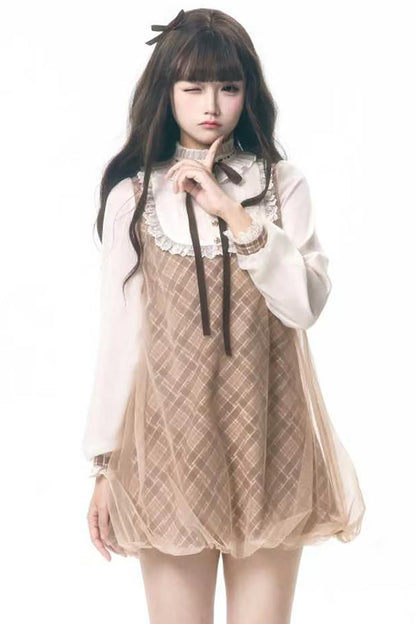 Brown Plaid Puff Dress
