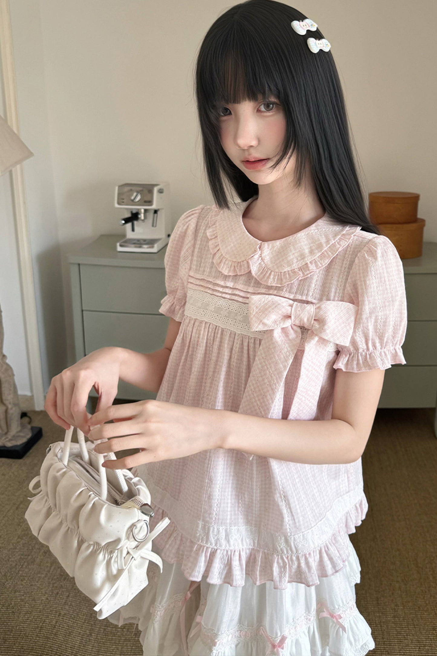 Loose Peach Textured Plaid Doll Shirt And Lace Dress Set-Up
