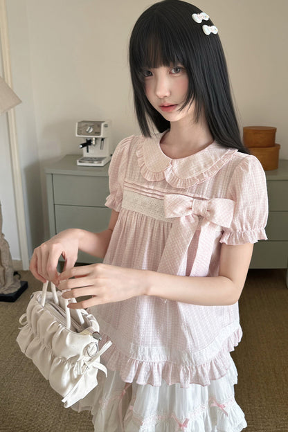 Loose Peach Textured Plaid Doll Shirt And Lace Dress Set-Up