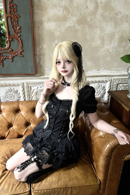 Black Cross Lace Top and Ruffle Skirt Set