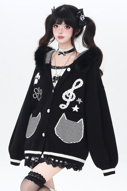 Cat Concerto Hooded Knit Cardigan