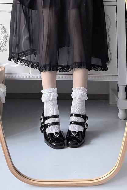 스퀘어 토 청키 힐 슈즈