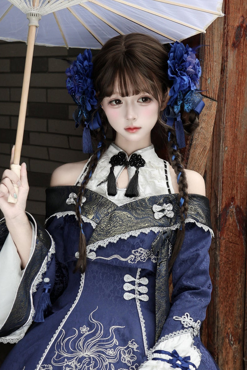[Reservierungsschluss 109] Dunkelblaue und weiße Gothic-Chinese-Lolita-Accessoire-Serie mit gesticktem neunschwänzigem Fuchs