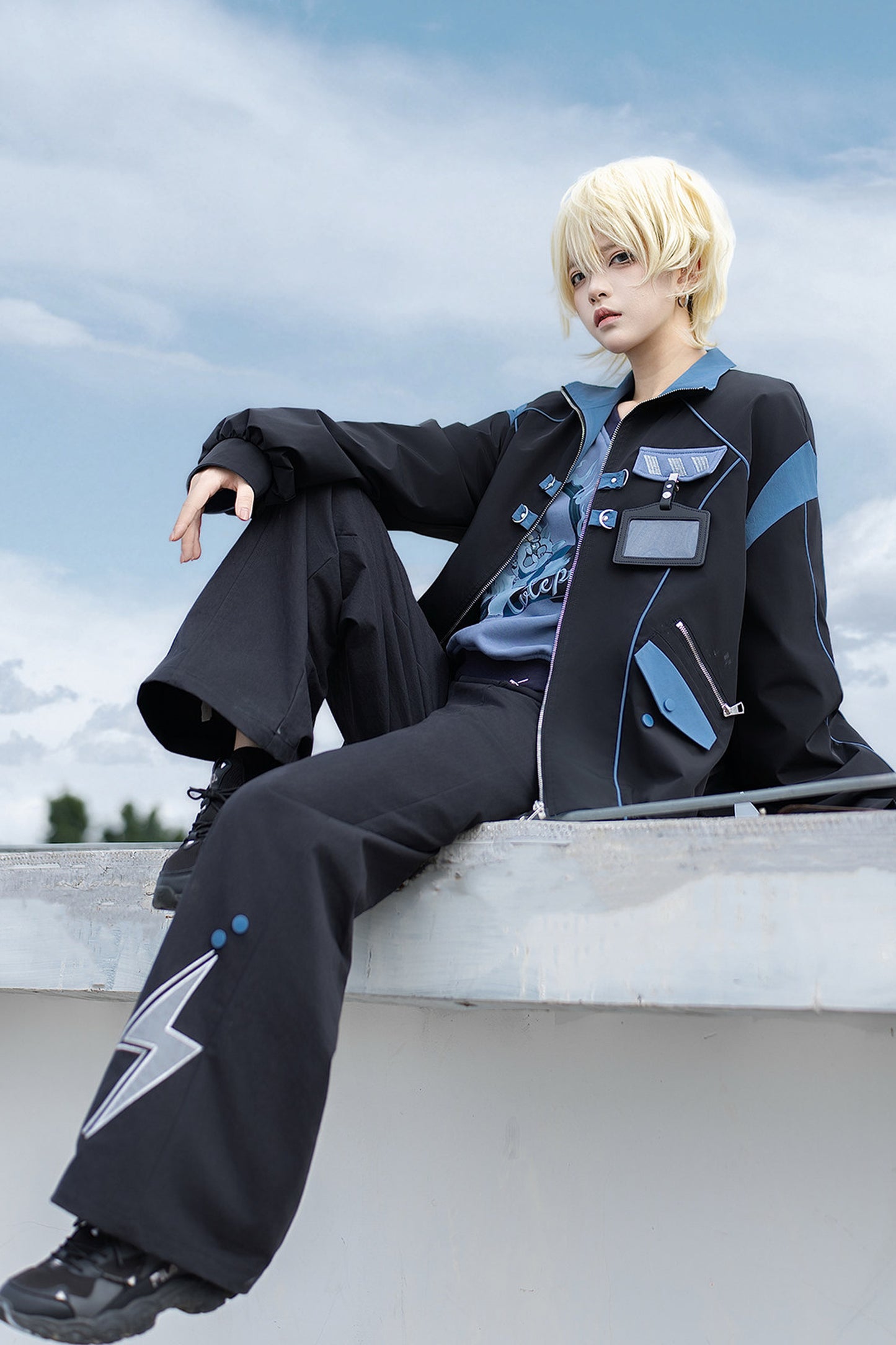 Schwarz-blaues Colorblock-Workwear-Jacken-Sweatshirt und weite Hose im Set