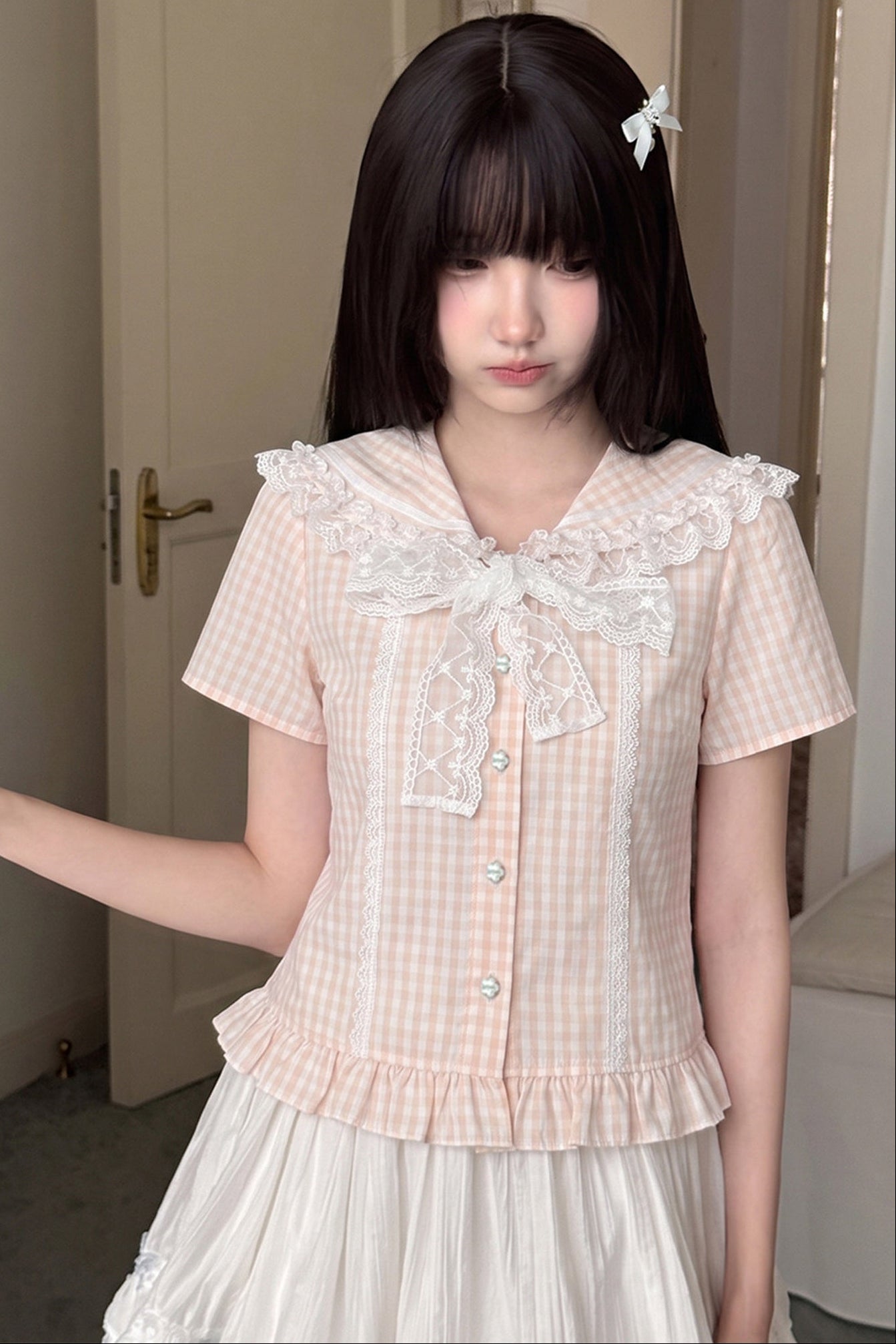 Pink Plaid Lace Trim Tie Top and Skirt Set-Up