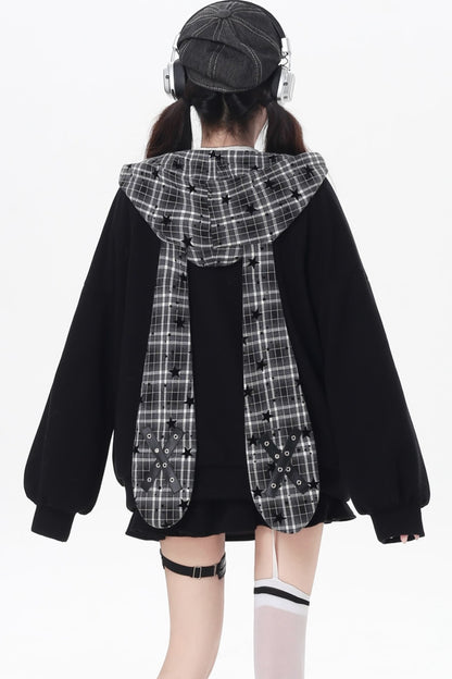 Plaid Rabbit Ear Embroidered Hooded Jacket