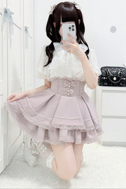 Lace Butterfly-Sleeve Blouse+Skirt