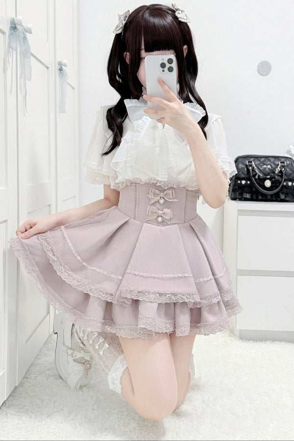 Lace Butterfly-Sleeve Blouse+Skirt