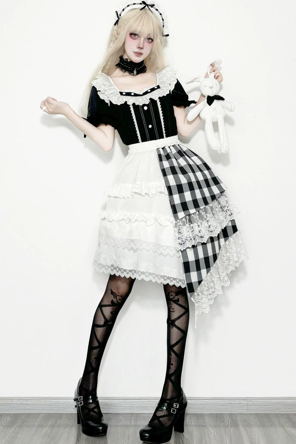 Lace Trim Plaid Skirt + Top + Hair Accessories