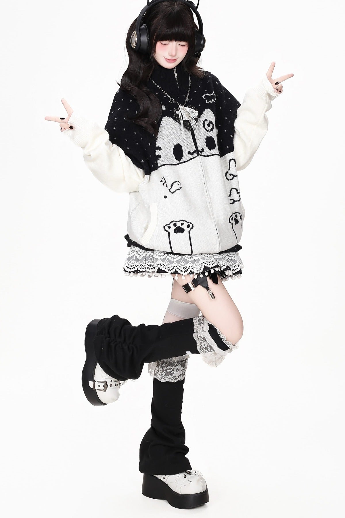 Cat Themed Color-Block Knit Cardigan