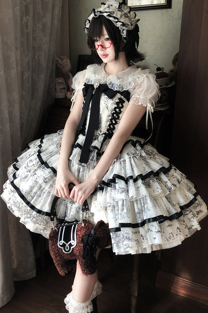 Lolita-Kleid mit Tuschewaschung und Fischgrätenmuster