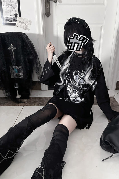 Belt Spliced Subculture Print Long-Sleeve T-Shirt