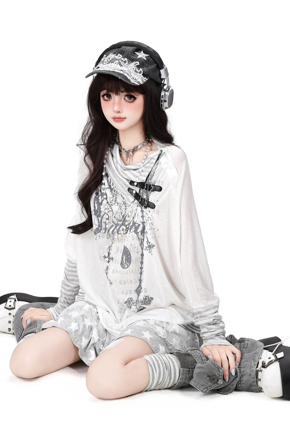 Gothic Print Striped Base Layer Top