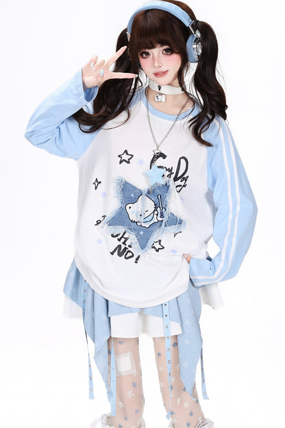 Star Cat Patch Raglan Loose T-Shirt