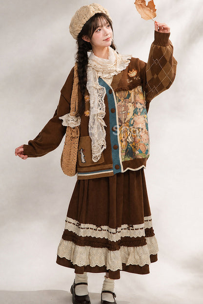 Vintage Oil Painting Knit Cardigan And Skirt