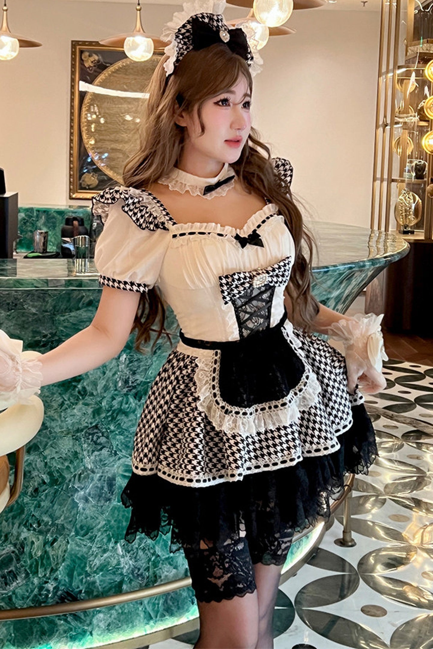 千鳥リボンドールメイドロリータドレス