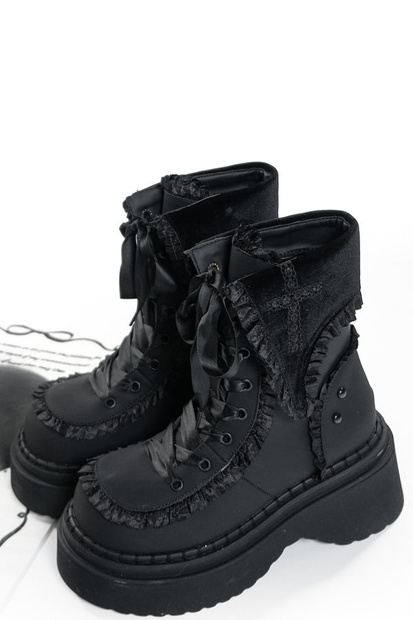 Gothic Cross Flip-Top Round-Toe Platform Boots