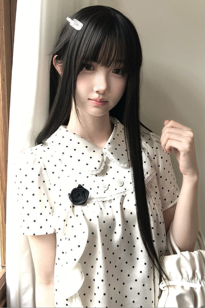 도트무늬 피터팬 칼라 원피스와 상의 세트