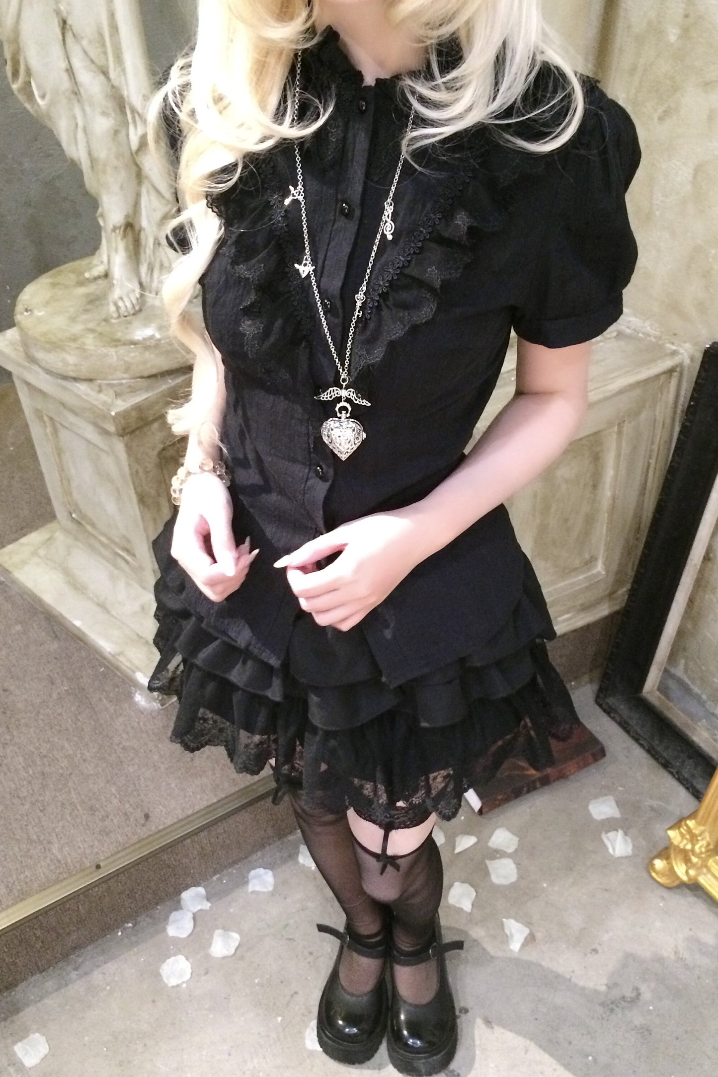 Black Puff Sleeve Lace Patchwork Top and Skirt Set