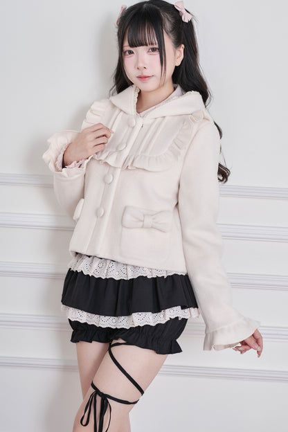 Ruffle Hooded Wool Jacket