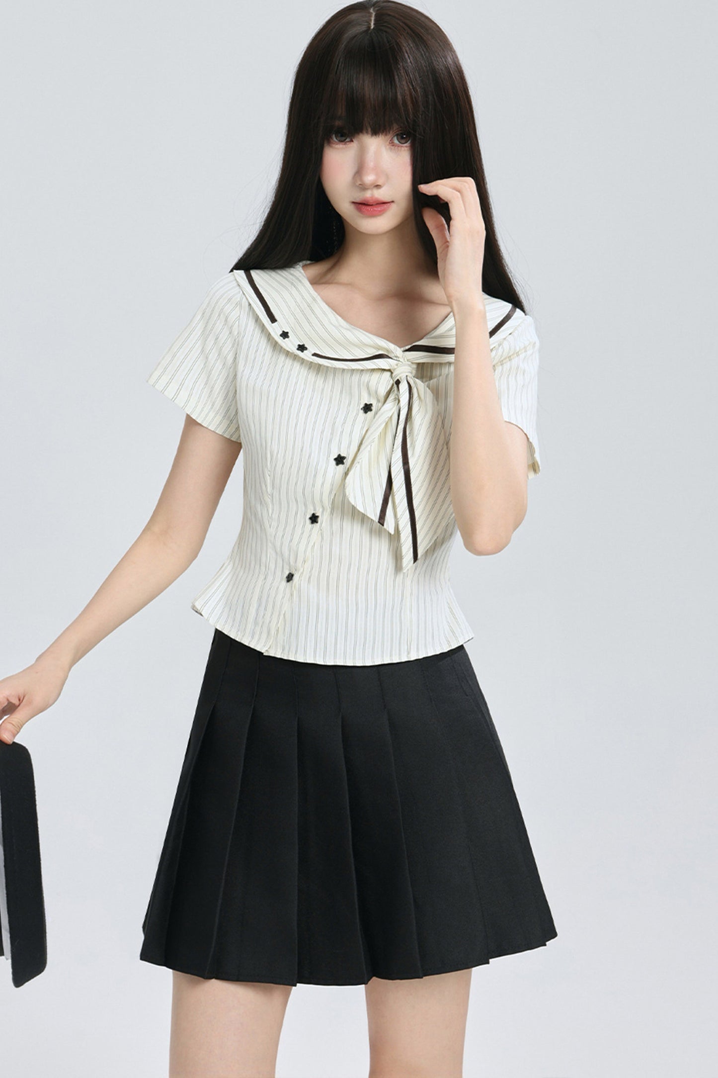 Striped Navy Collar Star Button Blouse
