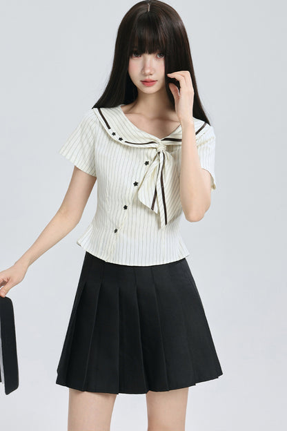 Striped Navy Collar Star Button Blouse