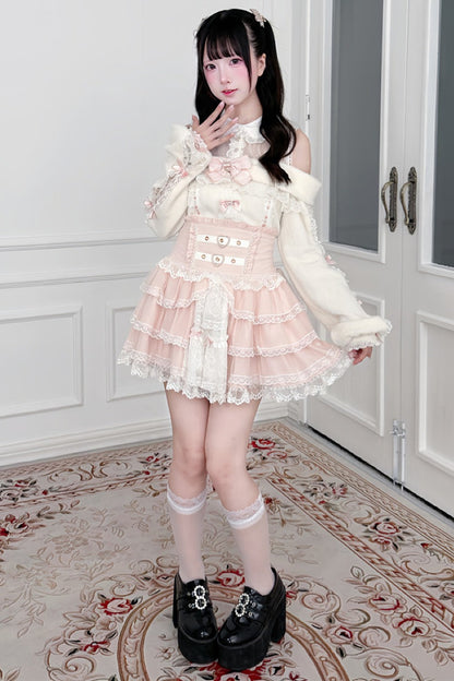 Style Lace Plush Off-Shoulder Sweater With Skirt and Top Set-Up