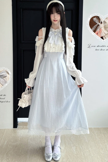 Rosa-weißes schulterfreies Kleid im Lagenlook