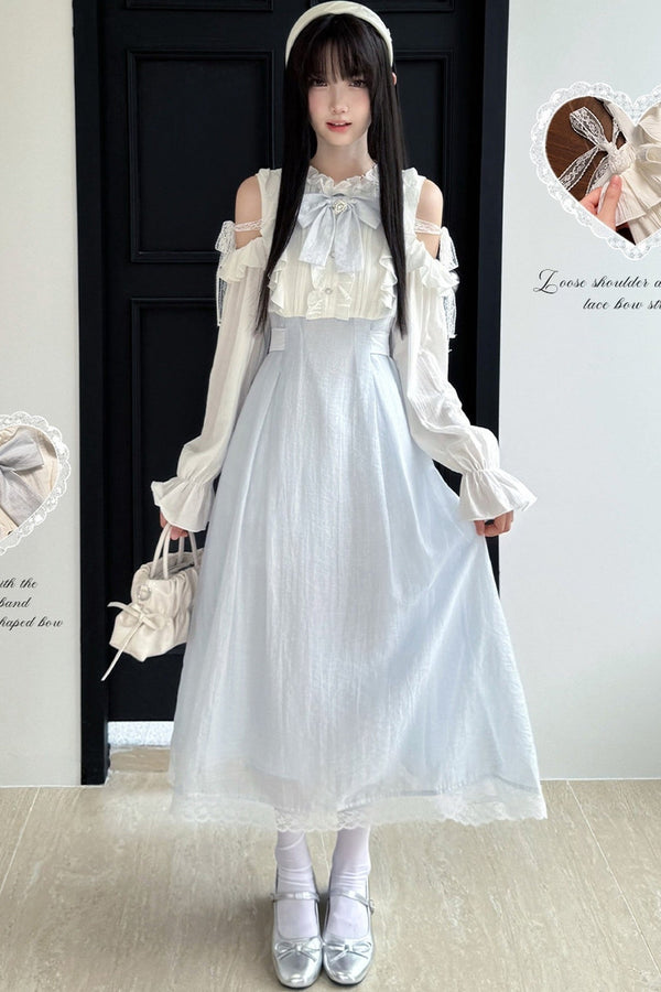 Pink White Layered-Look Off-Shoulder Dress