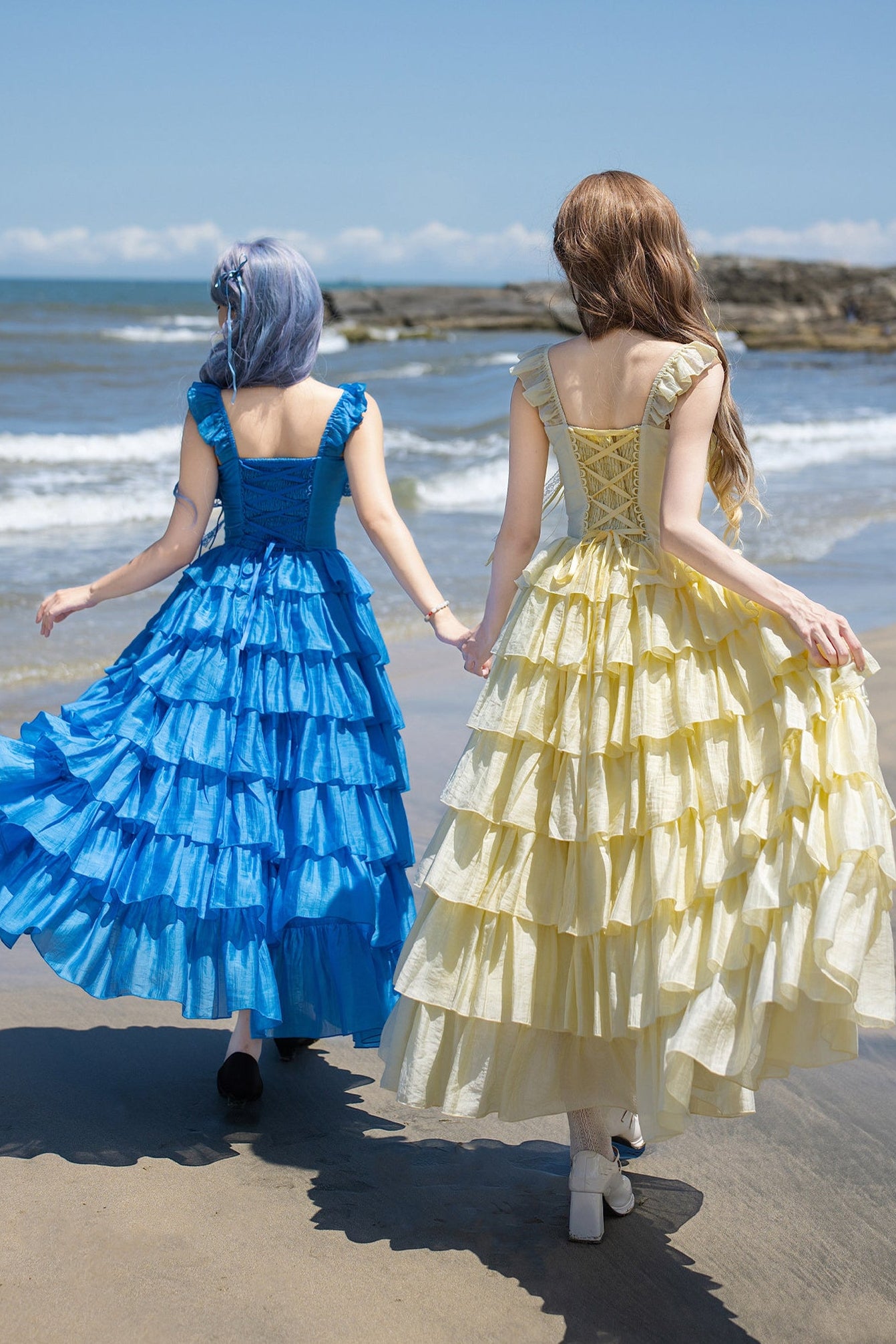 Seven-Layer Ruffle Square Neck Dress, Hair Accessory and Jacket Set-Up