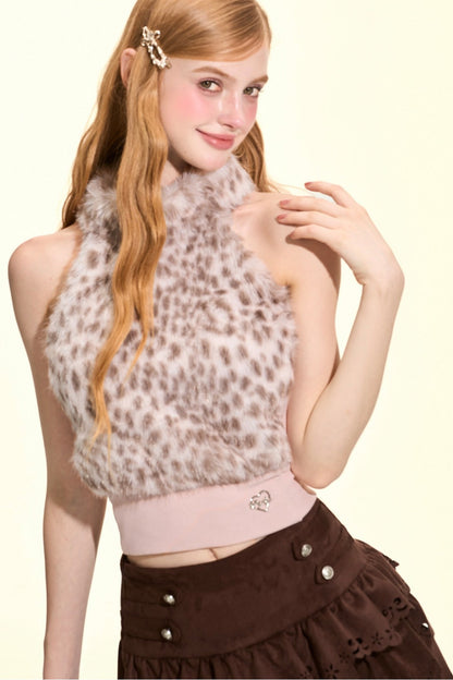Leopard Print Faux Fur Halter Top