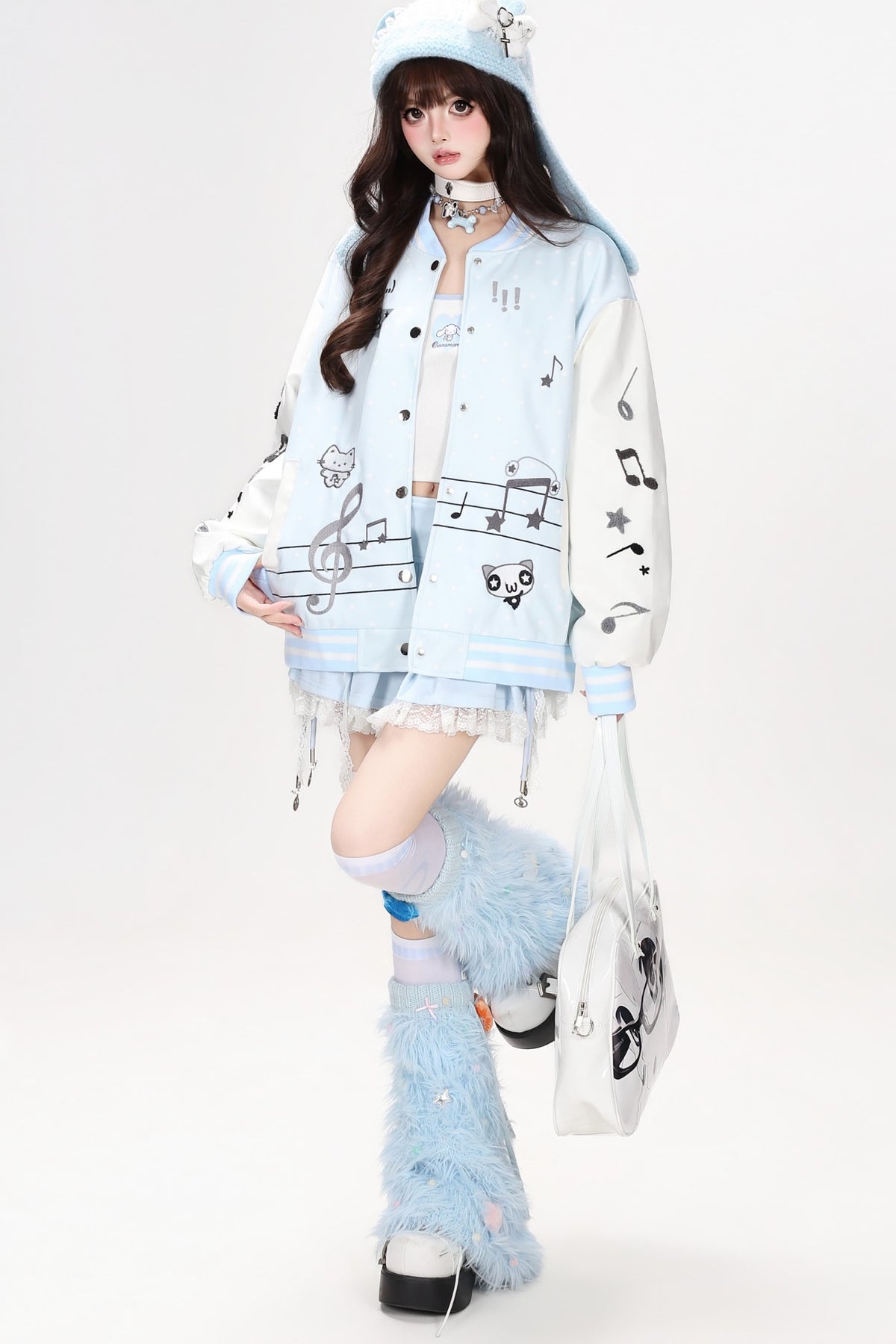 Musical Note Kitten Embroidery Baseball Jacket