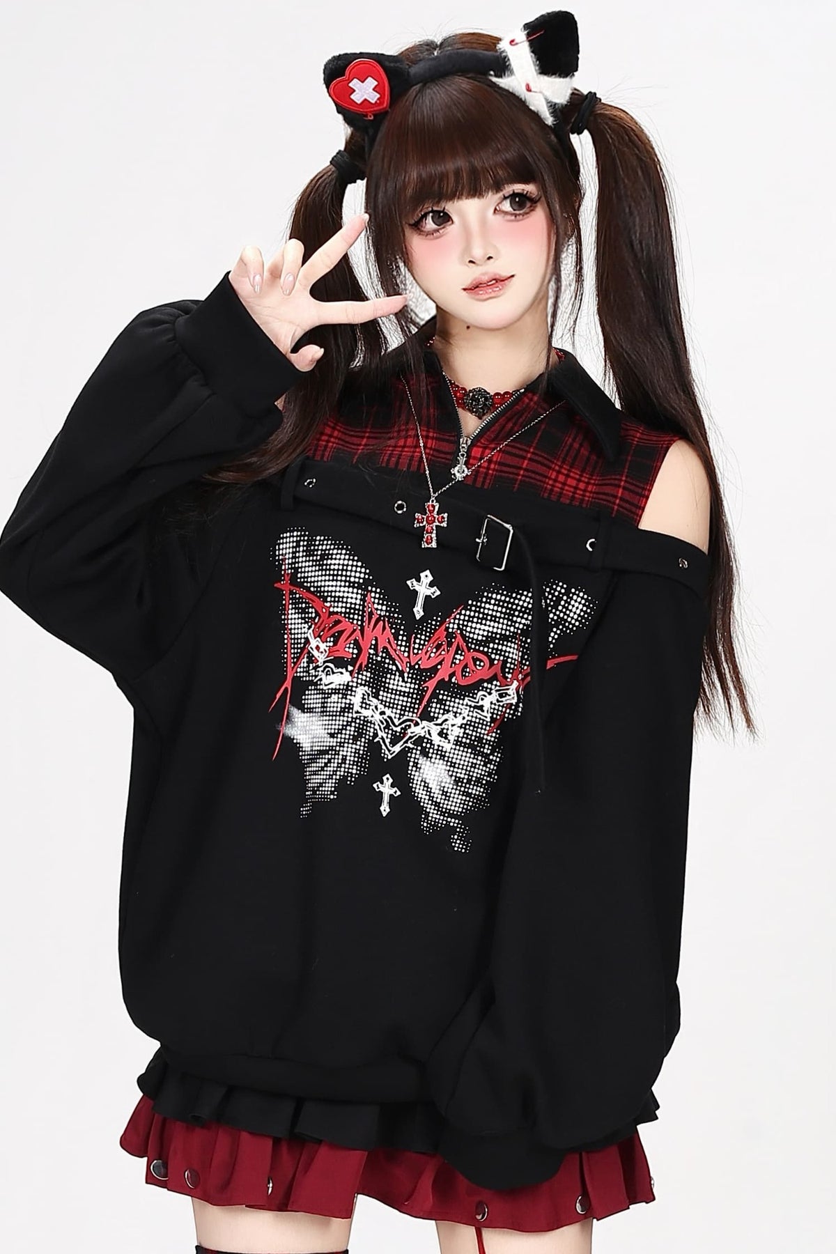 Plaid Butterfly Print Loose Sweatshirt