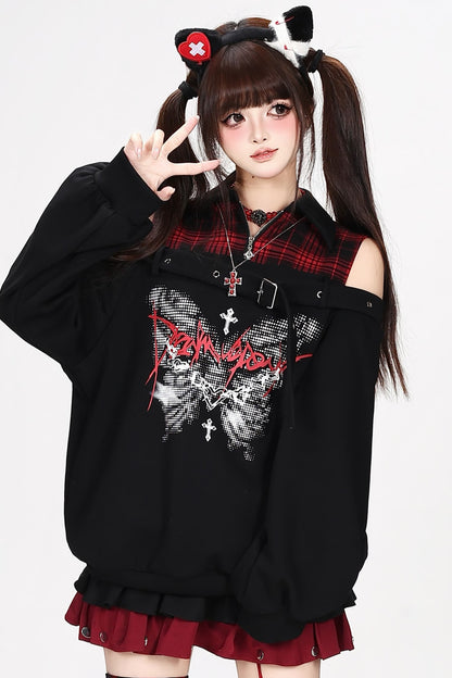 Plaid Butterfly Print Loose Sweatshirt