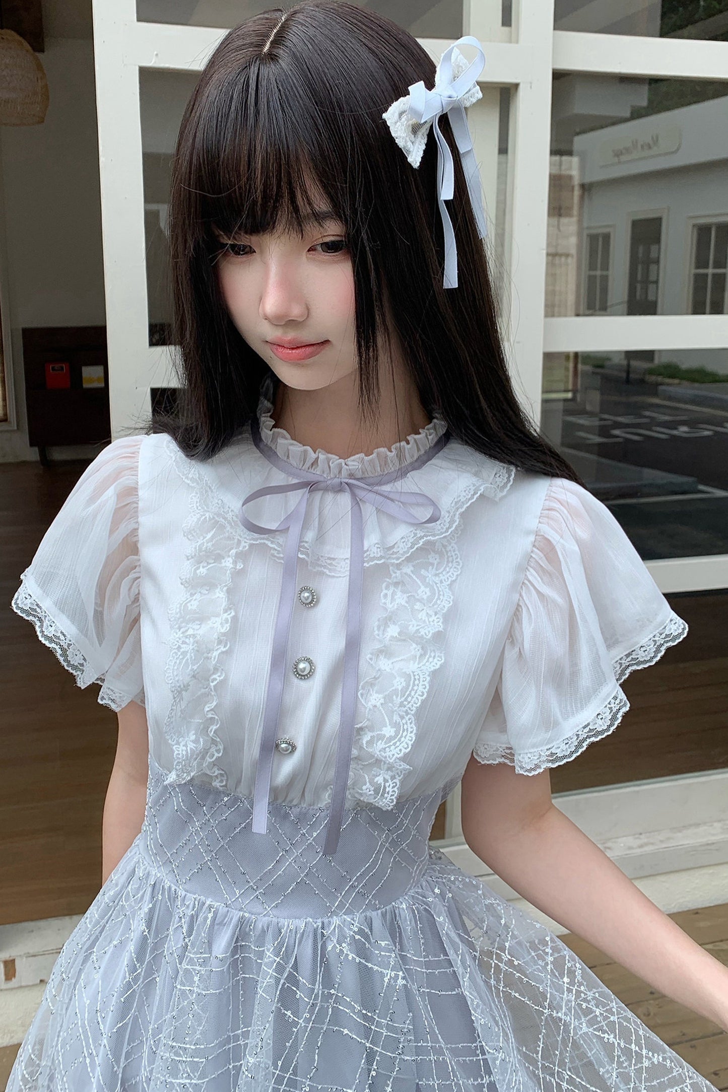 パールボタンレースティアードワンピース