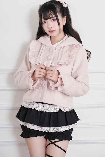 Ruffle Hooded Wool Jacket