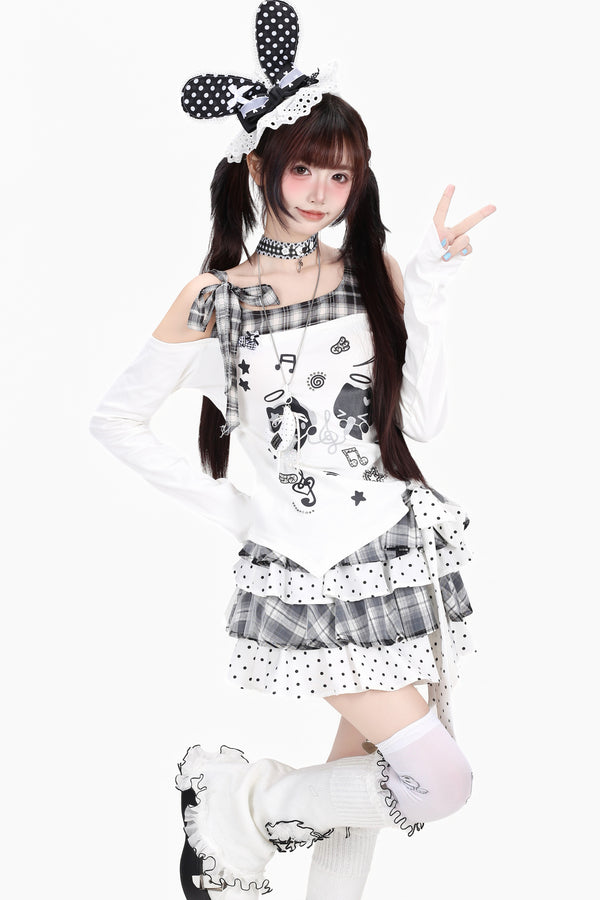 リボンオフショルダーキャットアシメTシャツ