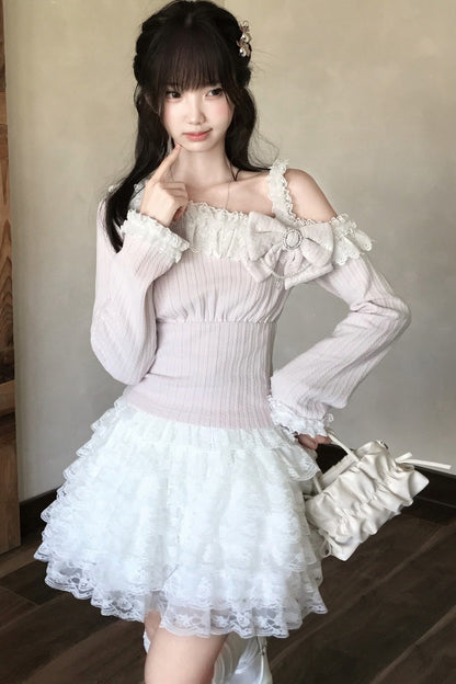 Pink Off-Shoulder Knit Top and Skirt Set