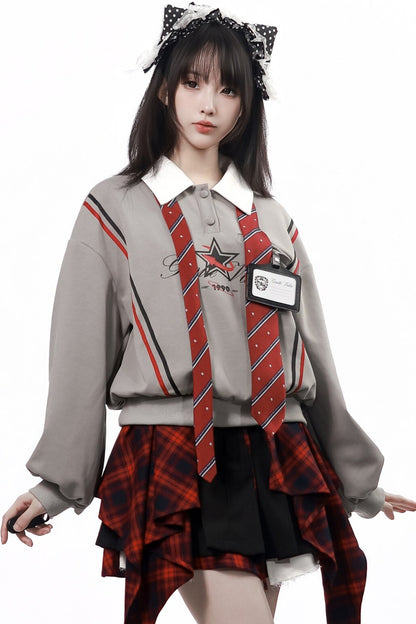 Gray Black Plaid Sweatshirt and Pants Set-Up