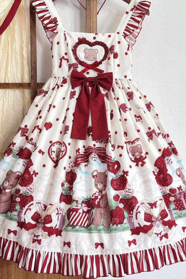 Strawberry Gift Box Lolita Print Suspender Dress Set-Up