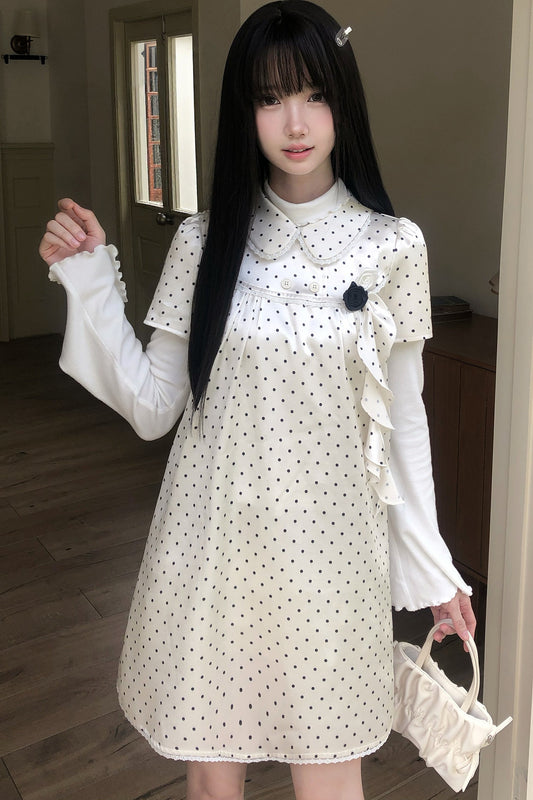 圓點娃娃領洋裝與上衣套裝