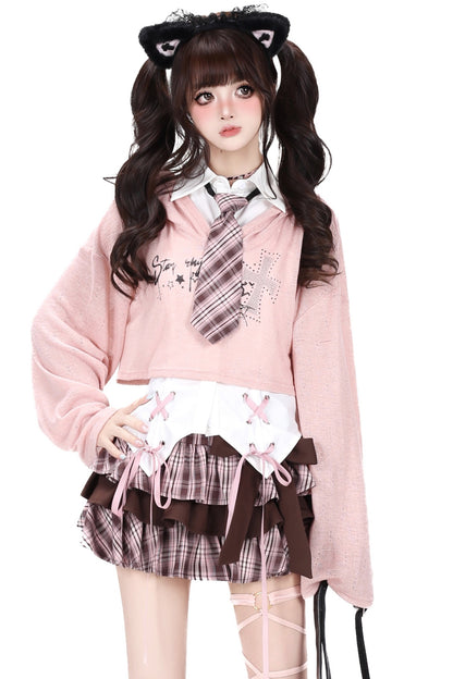 Cool Loose Long-Sleeved Blouse With Jacket and Skirt Set-Up