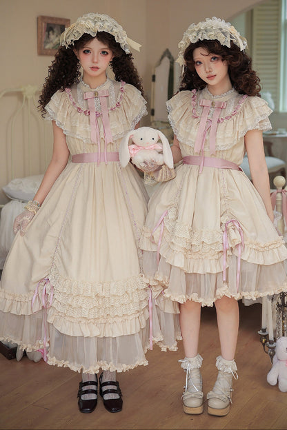 Milchtee-rosa Lolita-Kleid mit Puppen-Rüschen