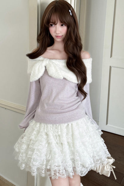 Fliederfarbenes Stricktop und Rock-Set