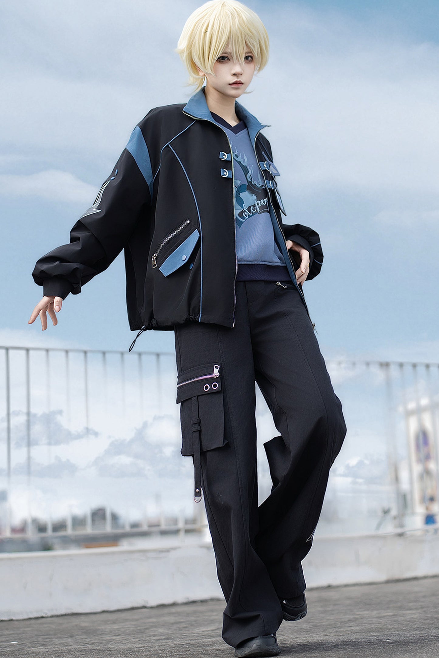 Schwarz-blaues Colorblock-Workwear-Jacken-Sweatshirt und weite Hose im Set