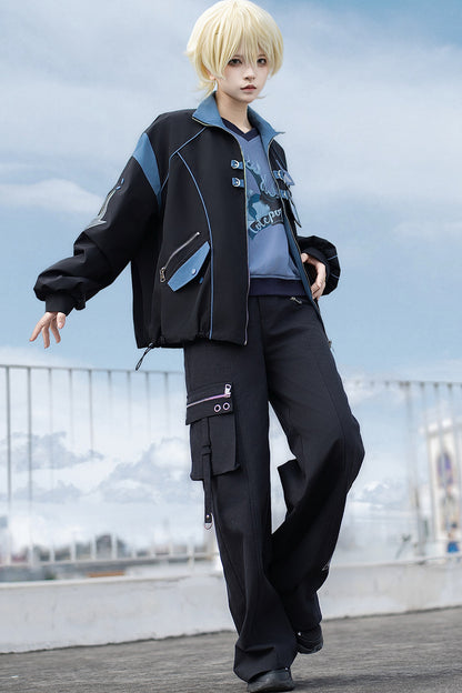 Schwarz-blaues Colorblock-Workwear-Jacken-Sweatshirt und weite Hose im Set