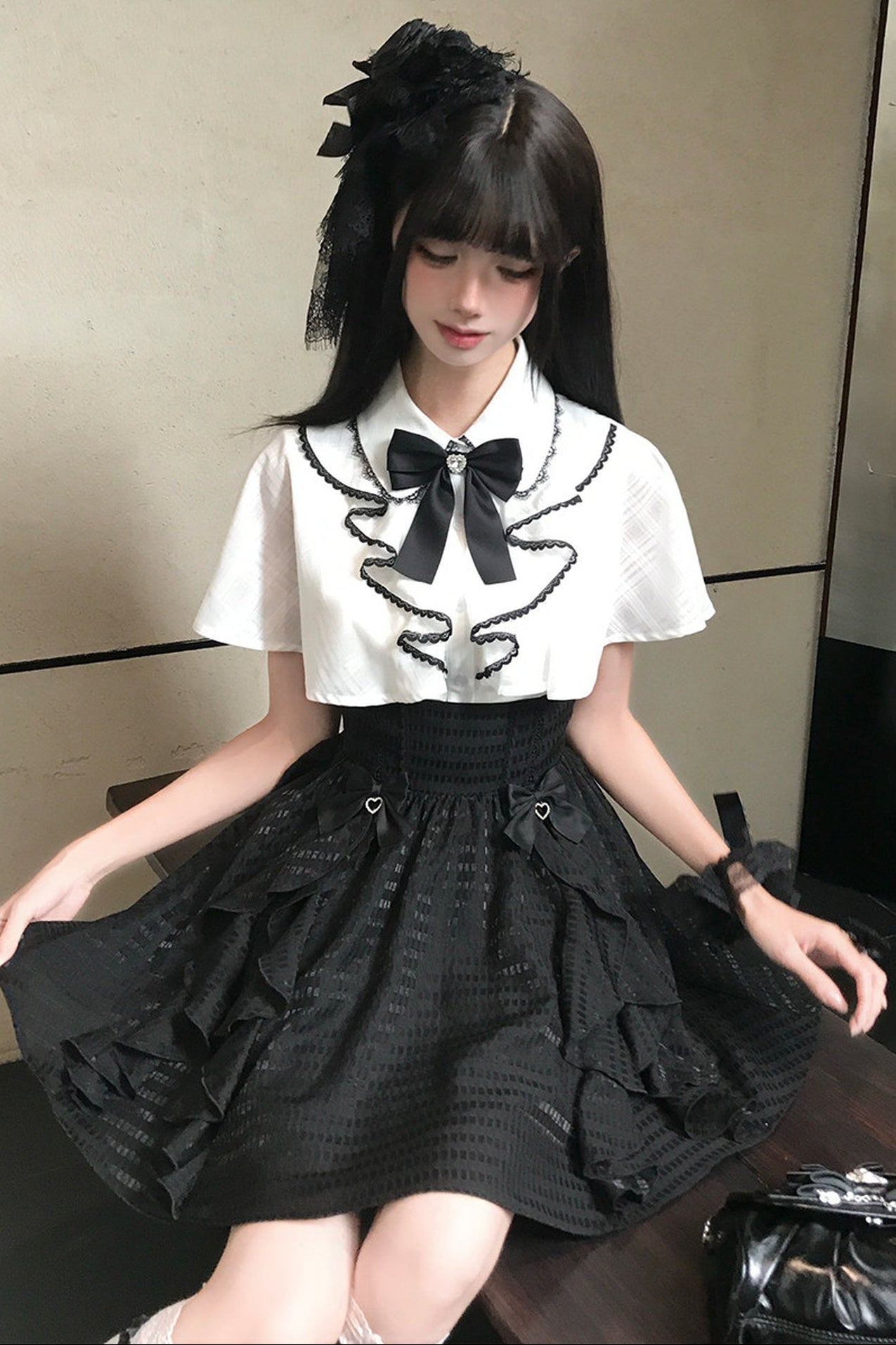 Black-White Cape Blouse And Plaid Skirt Set-Up