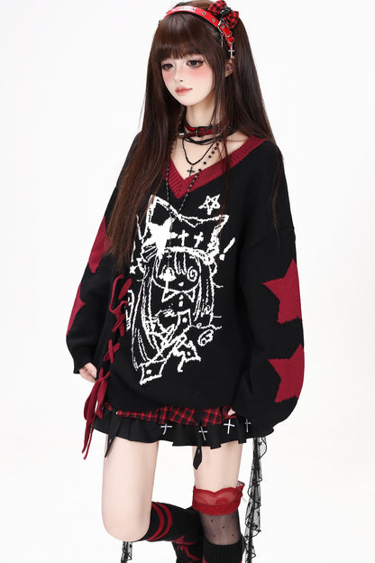 Anime V-Neck Tie Knit Pullover Sweater
